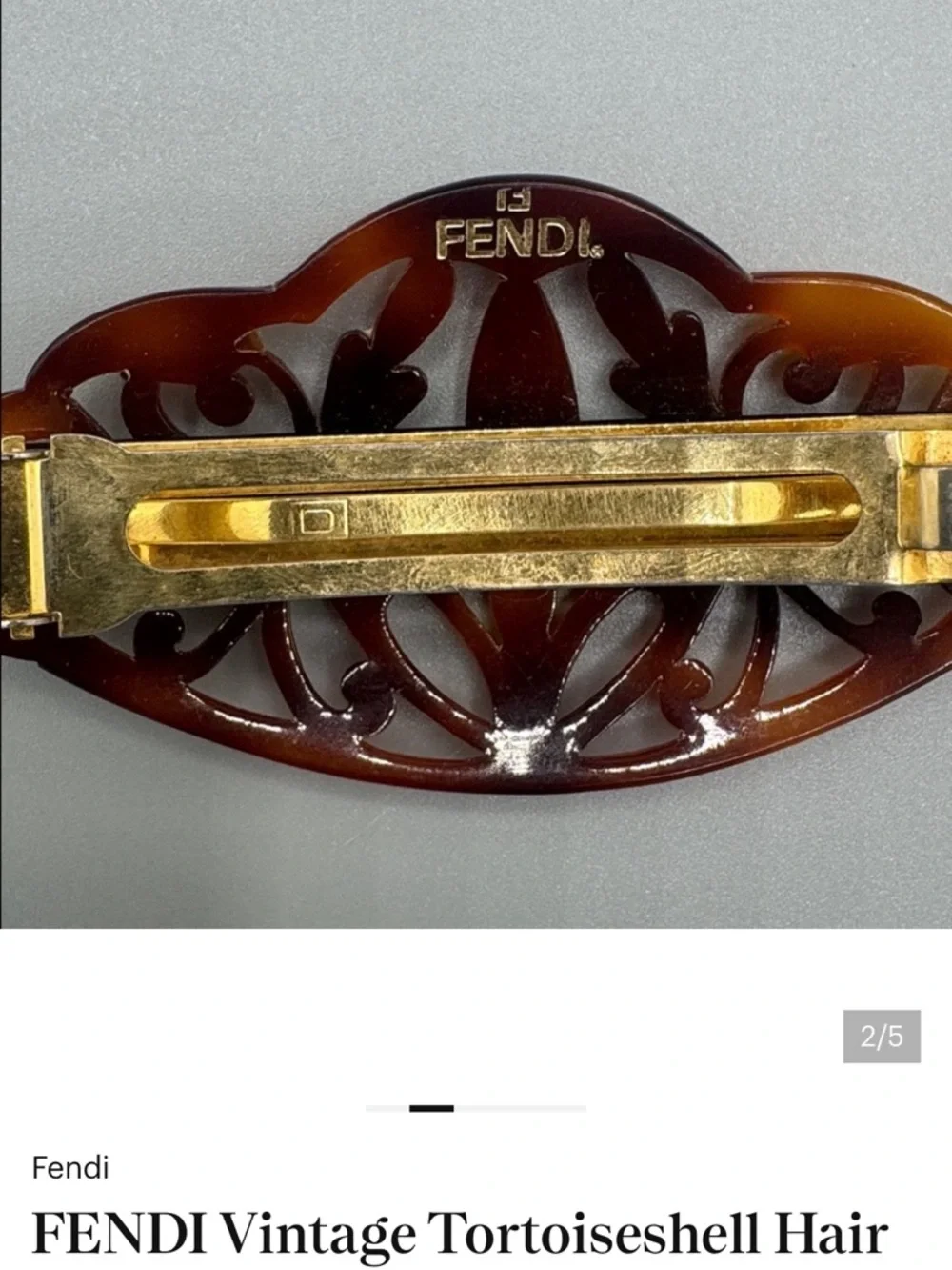 Fendi Vintage Tortoiseshell FF Logo Barrette Hair Clip Designer Italy